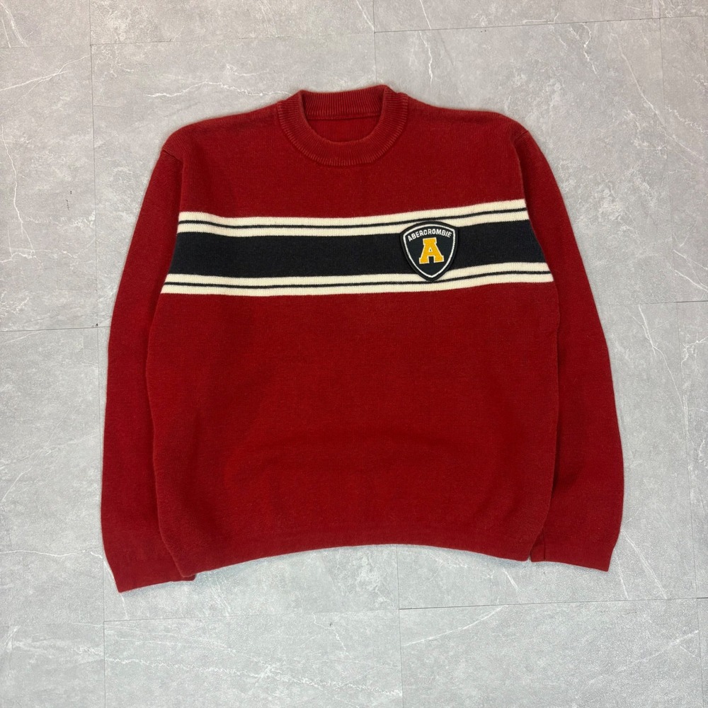 Abercrombie Kids Red Striped Varsity Patch Crewneck‎ Sweater Collegiate Style
